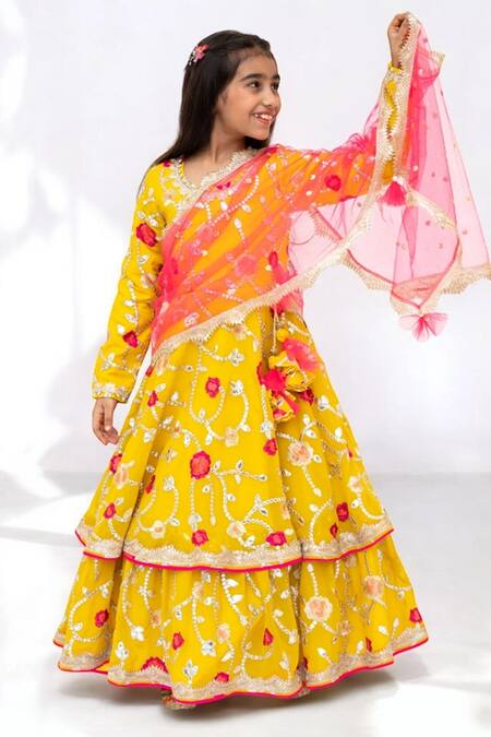 Shop_Fayon Kids_Yellow Net, Georgette Sequins, Tassels Gota Blossom Embroidered Anarkali Set _Online_at_Aza_Fashions