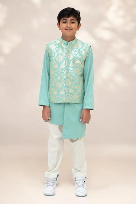 Fayon Kids_Green Brocade, Cotton Bahar Woven Bundi Kurta Set _Online_at_Aza_Fashions