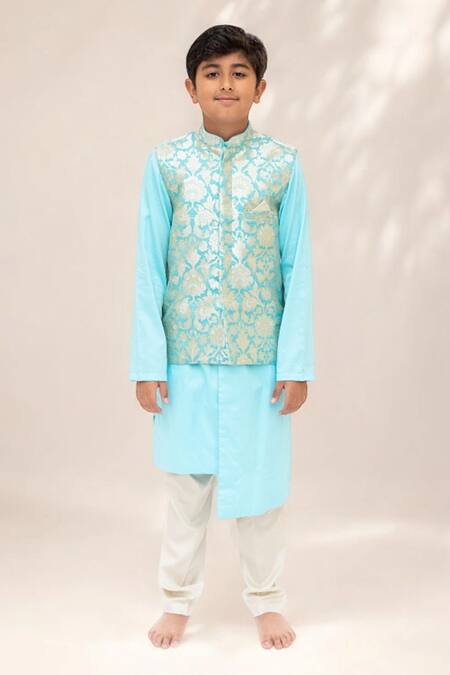 Fayon Kids_Blue Brocade, Cotton, Gingham Gulbahar Woven Bundi Kurta Set _Online_at_Aza_Fashions
