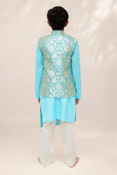 Shop_Fayon Kids_Blue Brocade, Cotton, Gingham Gulbahar Woven Bundi Kurta Set _at_Aza_Fashions
