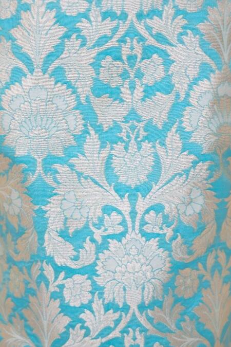 Buy_Fayon Kids_Blue Brocade, Cotton, Gingham Gulbahar Woven Bundi Kurta Set _Online_at_Aza_Fashions