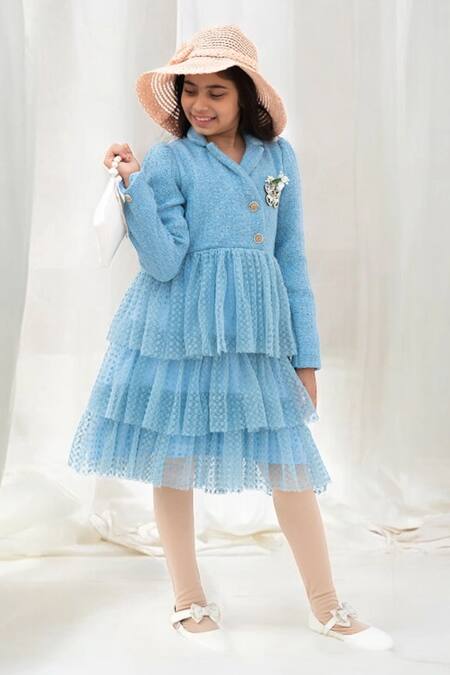 Fayon Kids Blue Net, Tweed Brooches Tiered Butterfly Embellished Dress Online at Aza Fashions Fayon Kids_Blue Net, Tweed Brooches Tiered Butterfly Embellished Dress _Online_at_Aza_Fashions