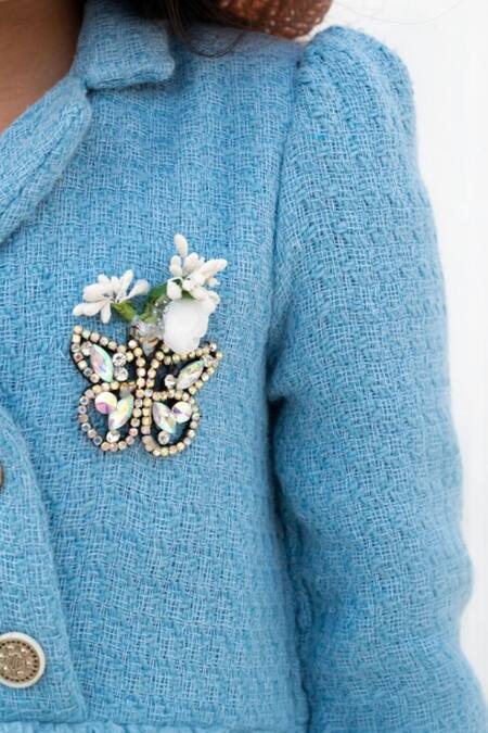 Buy Fayon Kids Blue Net, Tweed Brooches Tiered Butterfly Embellished Dress Online at Aza Fashions Buy_Fayon Kids_Blue Net, Tweed Brooches Tiered Butterfly Embellished Dress _Online_at_Aza_Fashions