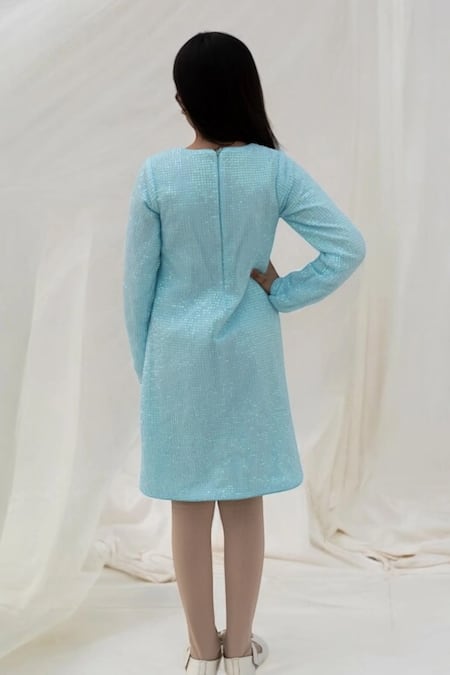 Shop_Fayon Kids_Blue Sequins Bloom Embellished Dress _at_Aza_Fashions