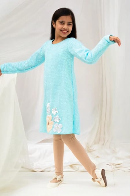 Buy_Fayon Kids_Blue Sequins Bloom Embellished Dress _Online_at_Aza_Fashions