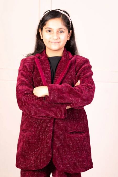 Fayon Kids Maroon Corduroy Lapel Collar Coat And Bell Bottom Pant Online at Aza Fashions Fayon Kids_Maroon Corduroy Lapel Collar Coat And Bell Bottom Pant _Online_at_Aza_Fashions