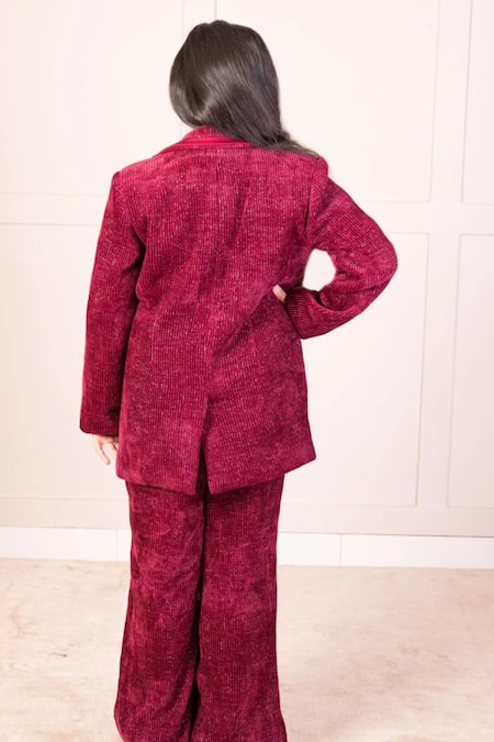 Shop Fayon Kids Maroon Corduroy Lapel Collar Coat And Bell Bottom Pant at Aza Fashions Shop_Fayon Kids_Maroon Corduroy Lapel Collar Coat And Bell Bottom Pant _at_Aza_Fashions