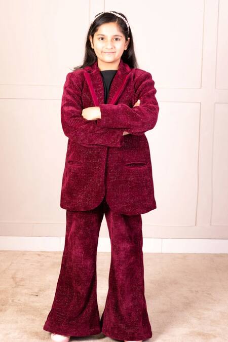 Buy Fayon Kids Maroon Corduroy Lapel Collar Coat And Bell Bottom Pant Online at Aza Fashions Buy_Fayon Kids_Maroon Corduroy Lapel Collar Coat And Bell Bottom Pant _Online_at_Aza_Fashions