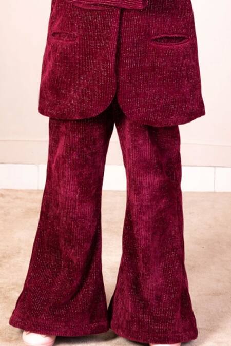 Shop Fayon Kids Maroon Corduroy Lapel Collar Coat And Bell Bottom Pant Online at Aza Fashions Shop_Fayon Kids_Maroon Corduroy Lapel Collar Coat And Bell Bottom Pant _Online_at_Aza_Fashions