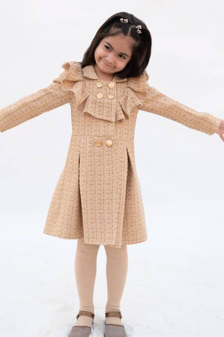 Fayon Kids_Beige Tweed Ruffled Collared Dress _Online_at_Aza_Fashions