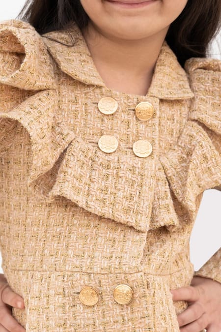 Shop_Fayon Kids_Beige Tweed Ruffled Collared Dress _Online_at_Aza_Fashions