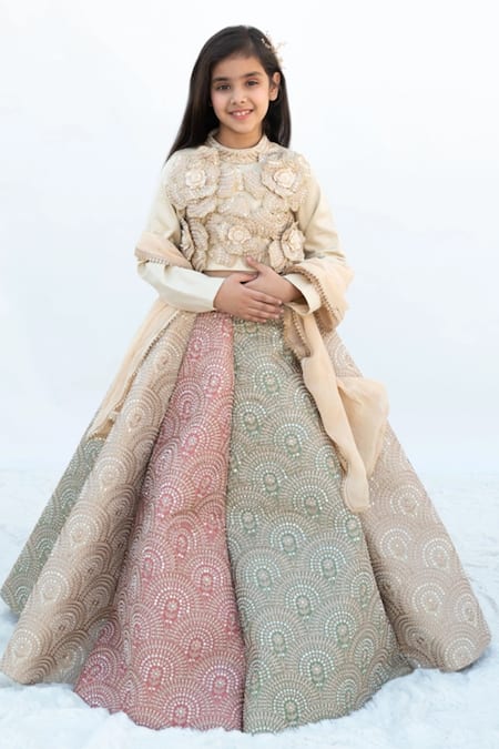 Fayon Kids_Gold Georgette, Cotton, Silk Beads, Embroidery, 3d Blossom Blouse And Lehenga Set _Online_at_Aza_Fashions