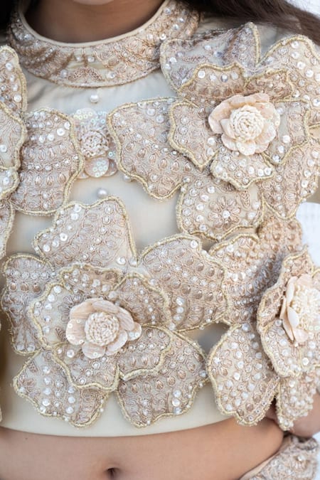 Buy_Fayon Kids_Gold Georgette, Cotton, Silk Beads, Embroidery, 3d Blossom Blouse And Lehenga Set _Online_at_Aza_Fashions