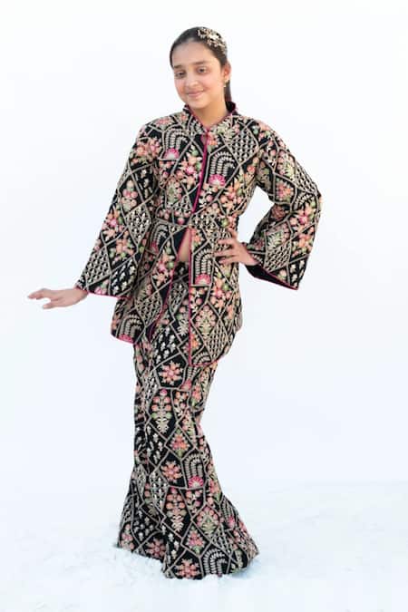 Fayon Kids Black Georgette Embroidery Gul Jacket And Bell Bottom Pant Online at Aza Fashions Fayon Kids_Black Georgette Embroidery Gul Jacket And Bell Bottom Pant _Online_at_Aza_Fashions