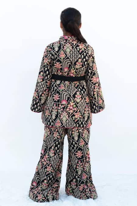 Shop Fayon Kids Black Georgette Embroidery Gul Jacket And Bell Bottom Pant at Aza Fashions Shop_Fayon Kids_Black Georgette Embroidery Gul Jacket And Bell Bottom Pant _at_Aza_Fashions