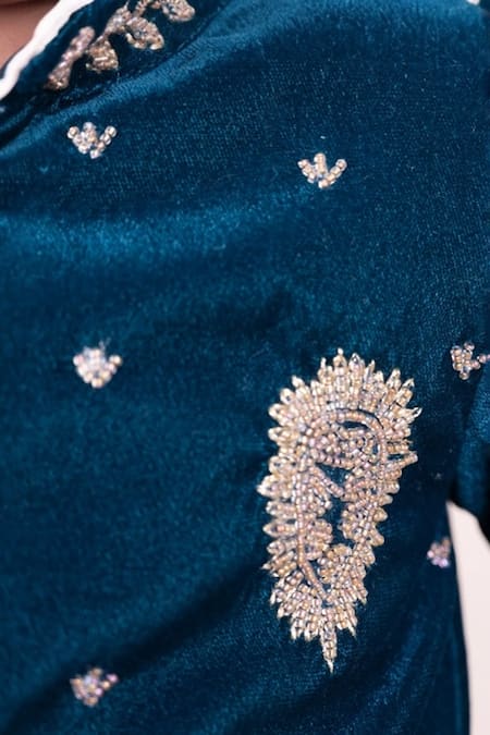 Fayon Kids_Blue Velvet, Cotton Mirrors Teal Zari Moti Embroidered Bandhgala Set _Online_at_Aza_Fashions