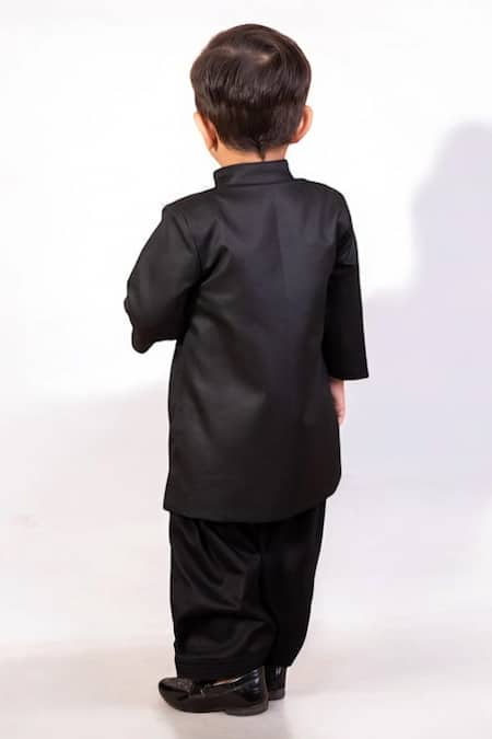 Shop Fayon Kids Black Cotton, Suede Bandhgala With Salwar at Aza Fashions Shop_Fayon Kids_Black Cotton, Suede Bandhgala With Salwar _at_Aza_Fashions