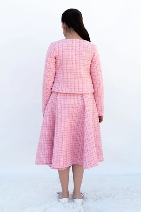 Shop_Fayon Kids_Pink Tweed, Satin Pearls, Stones Jacket And Skirt Set _at_Aza_Fashions