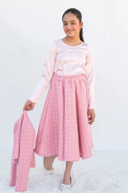 Fayon Kids_Pink Tweed, Satin Pearls, Stones Jacket And Skirt Set _Online_at_Aza_Fashions