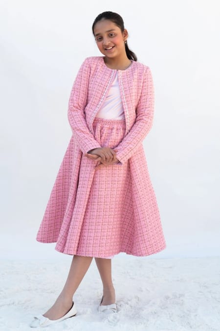 Buy_Fayon Kids_Pink Tweed, Satin Pearls, Stones Jacket And Skirt Set _Online_at_Aza_Fashions