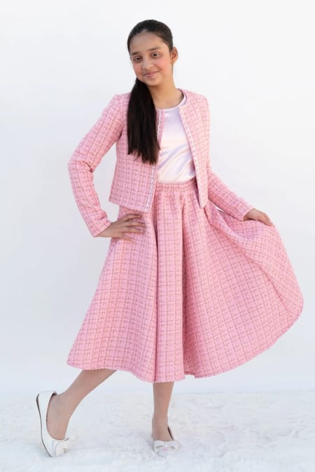 Shop_Fayon Kids_Pink Tweed, Satin Pearls, Stones Jacket And Skirt Set _Online_at_Aza_Fashions