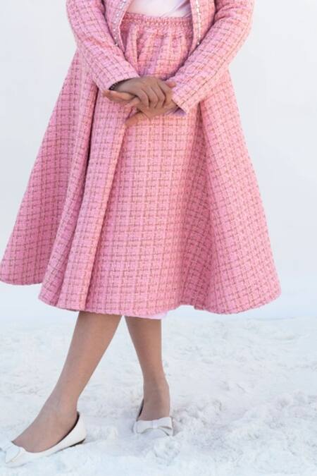 Fayon Kids_Pink Tweed, Satin Pearls, Stones Jacket And Skirt Set _at_Aza_Fashions