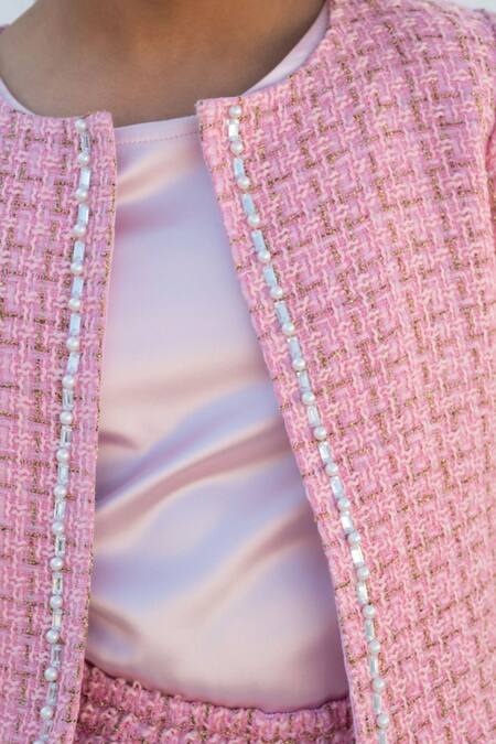 Buy_Fayon Kids_Pink Tweed, Satin Pearls, Stones Jacket And Skirt Set 
