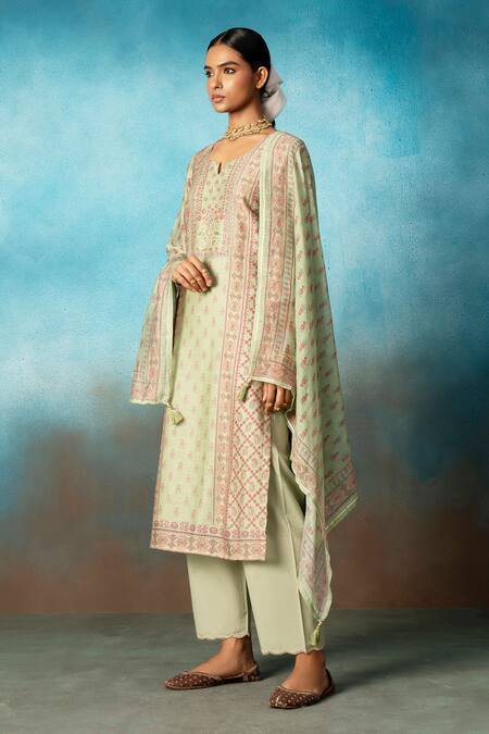 Buy Karaj Jaipur Green Linen, Cotton Sequins, Embroidery Round Neck Kurta Palazzo Set Online at Aza Fashions Buy_Karaj Jaipur_Green Linen, Cotton Sequins, Embroidery Round Neck Kurta Palazzo Set _Online_at_Aza_Fashions