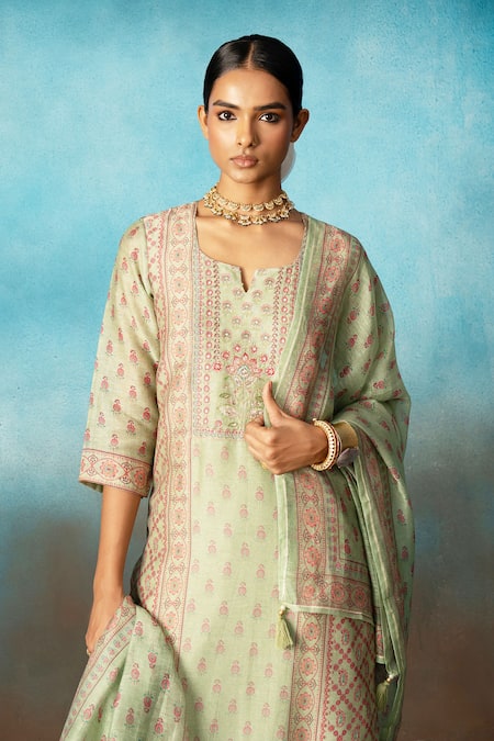 Shop Karaj Jaipur Green Linen, Cotton Sequins, Embroidery Round Neck Kurta Palazzo Set Online at Aza Fashions Shop_Karaj Jaipur_Green Linen, Cotton Sequins, Embroidery Round Neck Kurta Palazzo Set _Online_at_Aza_Fashions