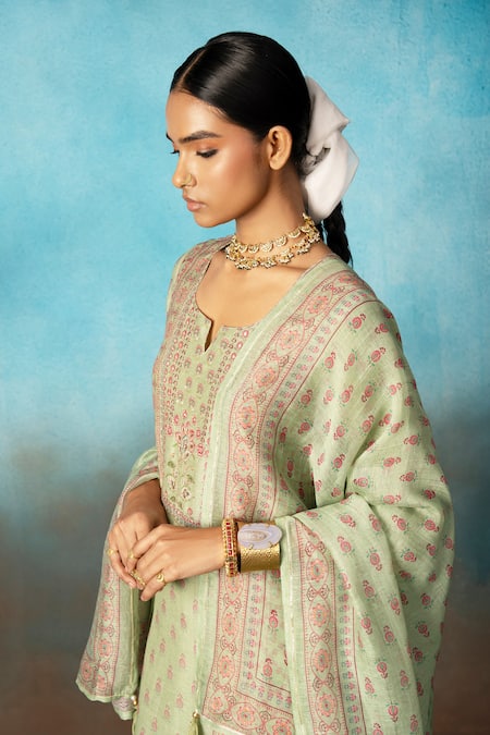 Karaj Jaipur Green Linen, Cotton Sequins, Embroidery Round Neck Kurta Palazzo Set at Aza Fashions Karaj Jaipur_Green Linen, Cotton Sequins, Embroidery Round Neck Kurta Palazzo Set _at_Aza_Fashions