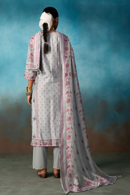 Karaj Jaipur Embroidered Grey Kurta Palazzo Set 