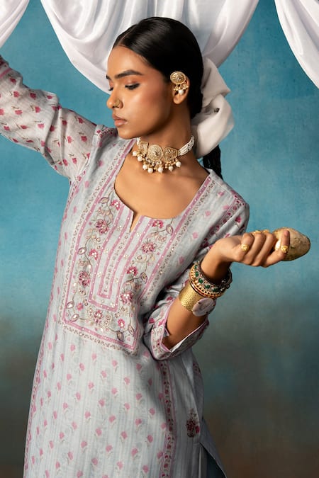 Buy Karaj Jaipur Gray Linen, Cotton Sequins, Tassels Split Embroidered Grey Kurta Palazzo Set Online at Aza Fashions Buy_Karaj Jaipur_Gray Linen, Cotton Sequins, Tassels Split Embroidered Grey Kurta Palazzo Set _Online_at_Aza_Fashions