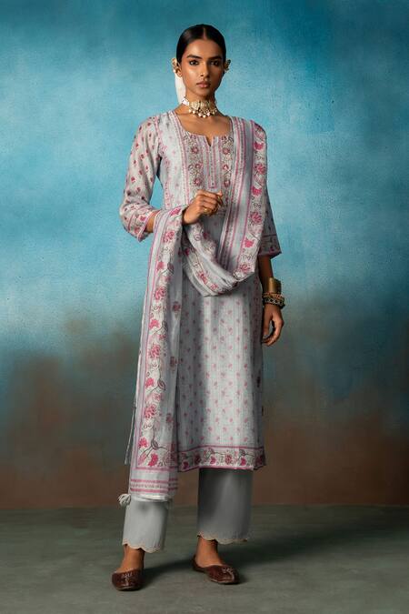 Shop Karaj Jaipur Gray Linen, Cotton Sequins, Tassels Split Embroidered Grey Kurta Palazzo Set Online at Aza Fashions Shop_Karaj Jaipur_Gray Linen, Cotton Sequins, Tassels Split Embroidered Grey Kurta Palazzo Set _Online_at_Aza_Fashions