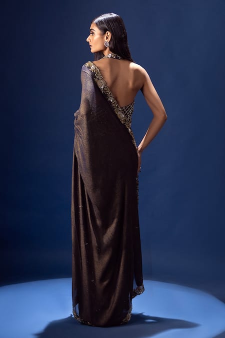 Shop Krisha Sunny Ramani Blue Georgette Cut Work, Mirrors, Sequins, Embroidered Pre-draped Saree Set at Aza Fashions Shop_Krisha Sunny Ramani_Blue Georgette Cut Work, Mirrors, Sequins, Embroidered Pre-draped Saree Set _at_Aza_Fashions