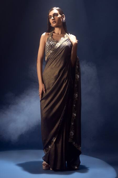 Krisha Sunny Ramani Blue Georgette Cut Work, Mirrors, Sequins, Embroidered Pre-draped Saree Set Online at Aza Fashions Krisha Sunny Ramani_Blue Georgette Cut Work, Mirrors, Sequins, Embroidered Pre-draped Saree Set _Online_at_Aza_Fashions