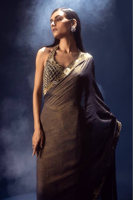 Buy Krisha Sunny Ramani Blue Georgette Cut Work, Mirrors, Sequins, Embroidered Pre-draped Saree Set Online at Aza Fashions Buy_Krisha Sunny Ramani_Blue Georgette Cut Work, Mirrors, Sequins, Embroidered Pre-draped Saree Set _Online_at_Aza_Fashions