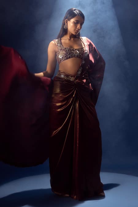 Buy Krisha Sunny Ramani Maroon Satin, Georgette Cut Work, Sequins, Embroidered Pre-draped Saree And Blouse Online at Aza Fashions Buy_Krisha Sunny Ramani_Maroon Satin, Georgette Cut Work, Sequins, Embroidered Pre-draped Saree And Blouse _Online_at_Aza_Fashions