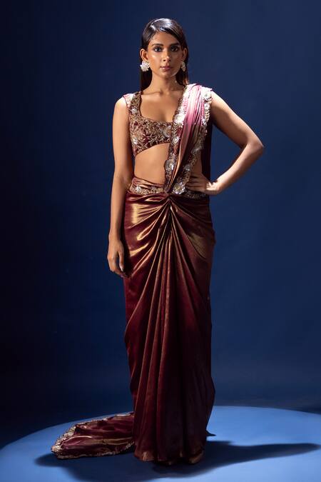 Krisha Sunny Ramani Maroon Satin, Georgette Cut Work, Sequins, Embroidered Pre-draped Saree And Blouse at Aza Fashions Krisha Sunny Ramani_Maroon Satin, Georgette Cut Work, Sequins, Embroidered Pre-draped Saree And Blouse _at_Aza_Fashions