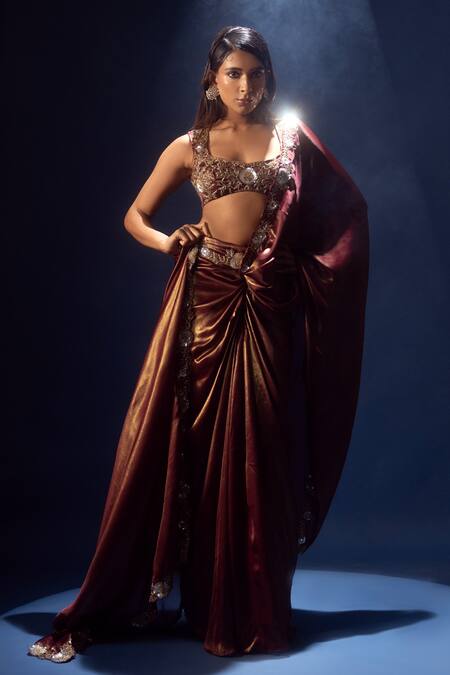 Buy Krisha Sunny Ramani Maroon Satin, Georgette Cut Work, Sequins, Embroidered Pre-draped Saree And Blouse Buy_Krisha Sunny Ramani_Maroon Satin, Georgette Cut Work, Sequins, Embroidered Pre-draped Saree And Blouse