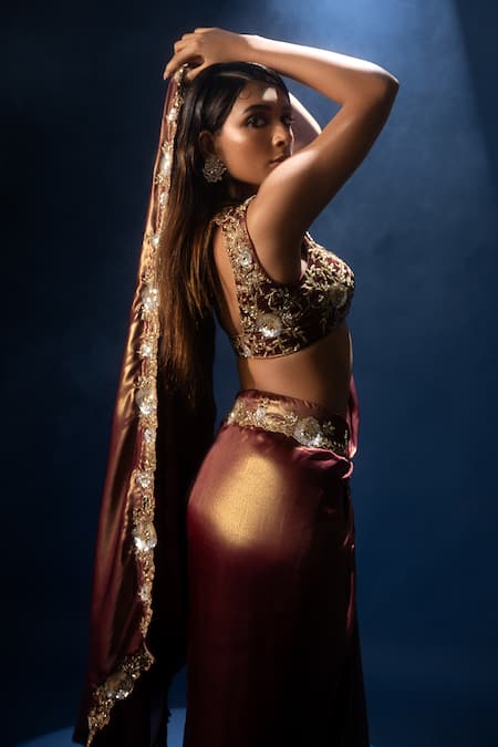Shop Krisha Sunny Ramani Maroon Satin, Georgette Cut Work, Sequins, Embroidered Pre-draped Saree And Blouse Shop_Krisha Sunny Ramani_Maroon Satin, Georgette Cut Work, Sequins, Embroidered Pre-draped Saree And Blouse
