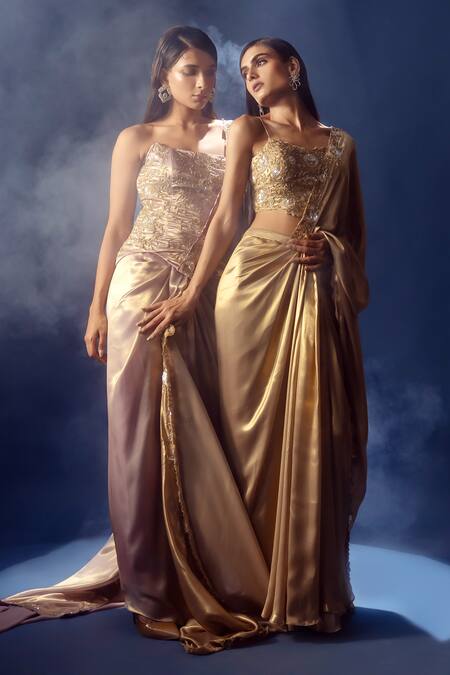 Shop Krisha Sunny Ramani Gold Satin, Georgette Cut Work, Beads, Embroidered Pre-draped Saree And Blouse Online at Aza Fashions Shop_Krisha Sunny Ramani_Gold Satin, Georgette Cut Work, Beads, Embroidered Pre-draped Saree And Blouse _Online_at_Aza_Fashions