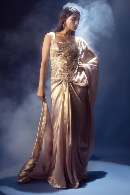 Krisha Sunny Ramani Lavender Satin, Georgette Sequins, Embroidered Pre-draped Saree And Corset Blouse Online at Aza Fashions Krisha Sunny Ramani_Lavender Satin, Georgette Sequins, Embroidered Pre-draped Saree And Corset Blouse _Online_at_Aza_Fashions