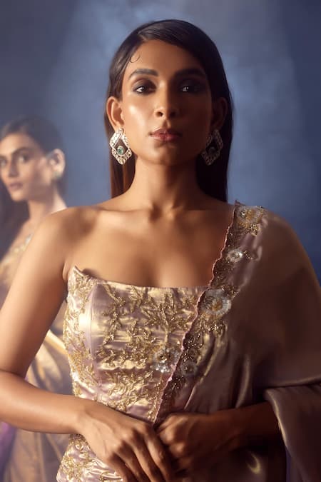 Shop Krisha Sunny Ramani Lavender Satin, Georgette Sequins, Embroidered Pre-draped Saree And Corset Blouse Online at Aza Fashions Shop_Krisha Sunny Ramani_Lavender Satin, Georgette Sequins, Embroidered Pre-draped Saree And Corset Blouse _Online_at_Aza_Fashions