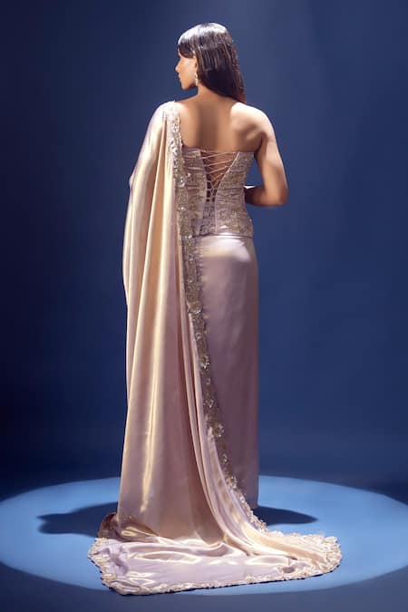 Shop Krisha Sunny Ramani Lavender Satin, Georgette Sequins, Embroidered Pre-draped Saree And Corset Blouse at Aza Fashions Shop_Krisha Sunny Ramani_Lavender Satin, Georgette Sequins, Embroidered Pre-draped Saree And Corset Blouse _at_Aza_Fashions