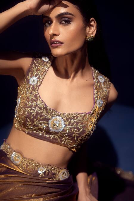 Buy Krisha Sunny Ramani Brown Satin, Tissue Cut Work, Metallic Pre-draped Saree And Embroidered Blouse Online at Aza Fashions Buy_Krisha Sunny Ramani_Brown Satin, Tissue Cut Work, Metallic Pre-draped Saree And Embroidered Blouse _Online_at_Aza_Fashions