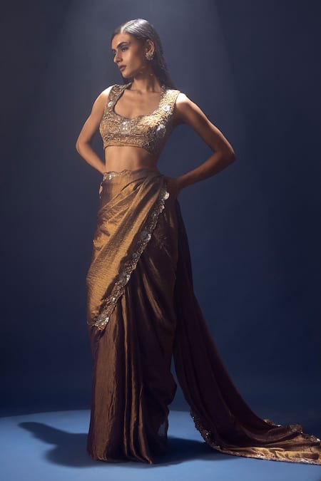 Shop Krisha Sunny Ramani Brown Satin, Tissue Cut Work, Metallic Pre-draped Saree And Embroidered Blouse Online at Aza Fashions Shop_Krisha Sunny Ramani_Brown Satin, Tissue Cut Work, Metallic Pre-draped Saree And Embroidered Blouse _Online_at_Aza_Fashions