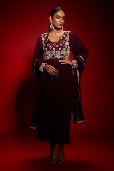 Krisha sunny Ramani Maroon Mirror Embroidered Anarkali Set 