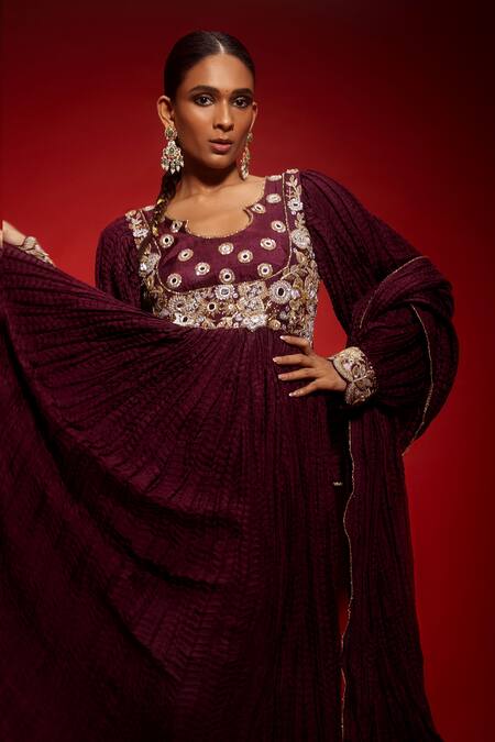 Krisha Sunny Ramani Maroon Silk Embroidery, Zari, Sequins Mandarin Collar Mirror Anarkali Set Online at Aza Fashions Krisha Sunny Ramani_Maroon Silk Embroidery, Zari, Sequins Mandarin Collar Mirror Anarkali Set _Online_at_Aza_Fashions