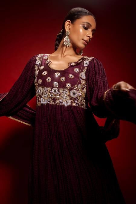 Shop Krisha Sunny Ramani Maroon Silk Embroidery, Zari, Sequins Mandarin Collar Mirror Anarkali Set Online at Aza Fashions Shop_Krisha Sunny Ramani_Maroon Silk Embroidery, Zari, Sequins Mandarin Collar Mirror Anarkali Set _Online_at_Aza_Fashions