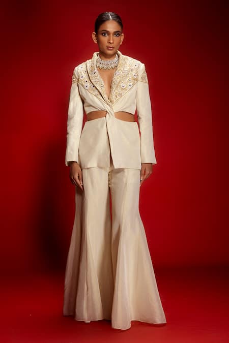 Krisha sunny Ramani Ivory Mirror Embroidered Blazer & Pant Set 